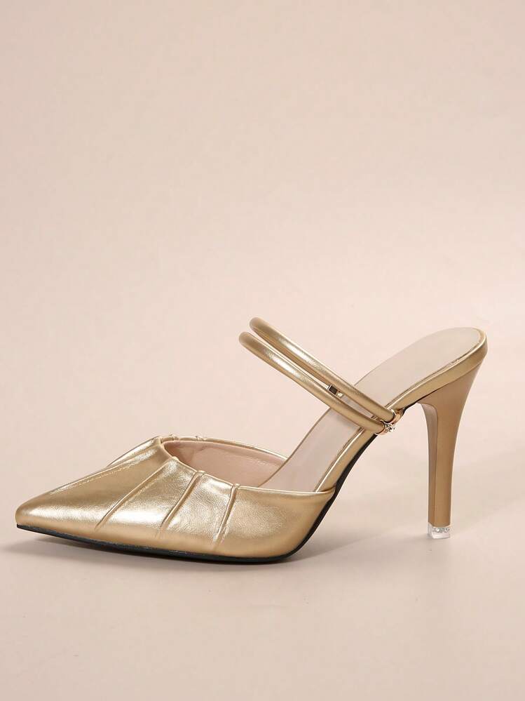 Décolleté con tacco alto stile francese per donna, nuovi sandali eleganti con punta a punta e cinturino con paillettes color oro adatti per l'estate, design sexy adatto per casual, appuntamenti, pendolarismo, feste aziendali, eventi, eleganti, mules - Dorato - Visualizzare 6