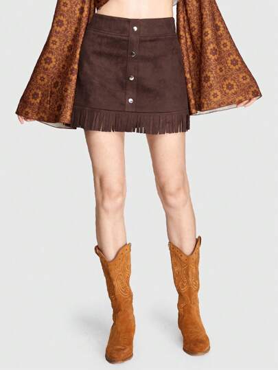 Hippie Women'S Fringed Asymmetric Hem Skirt With Single-Row Buckle