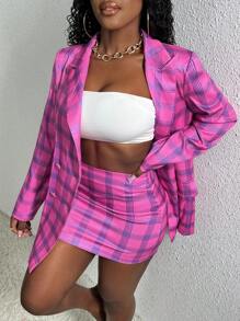 Slaydiva Women'S Pink Plaid Suit With Blazer And Skirt Set - Pink - View 3