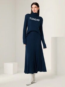 Seusyu 女士高領毛衣兩件套,印有字母圖案 - 水鴨藍 - 查看 6