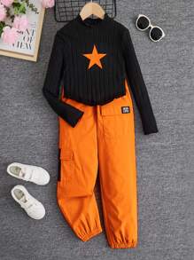 SHEIN Tween Girl Cool & Personalized Knitted Stand Collar Long Sleeve Tracksuit With Trousers - Orange - View 2