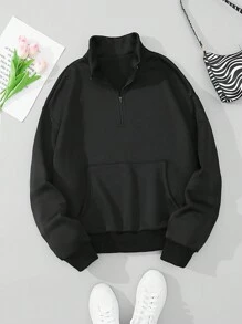 SHEIN EZwear 大尺碼純色立領抓絨衛衣 - 黑色 - 查看 1