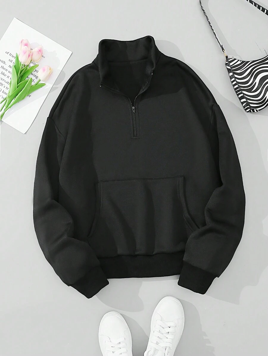 SHEIN EZwear 大尺碼純色立領抓絨衛衣 - 黑色 - 查看 1