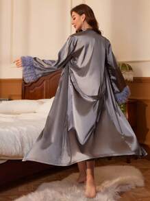 女性緞面拼接睡衣套裝 - 灰色 - 查看 2