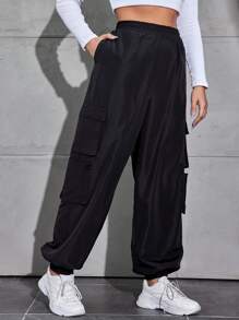 RueChic Plus Size Flap Pocket Drawstring Waist Workwear Pants - Black - View 1