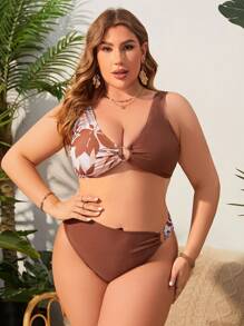 SHEIN Swim Curve 大尺碼女士熱帶印花比基尼套裝,附圓形細節 - 彩色 - 查看 8