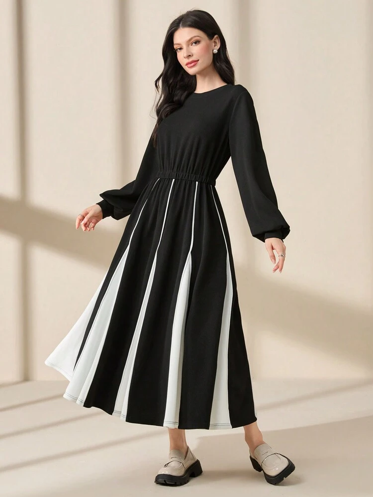 Women's Round Neck Contrast Color Cinched Waist Lantern Sleeve Dress