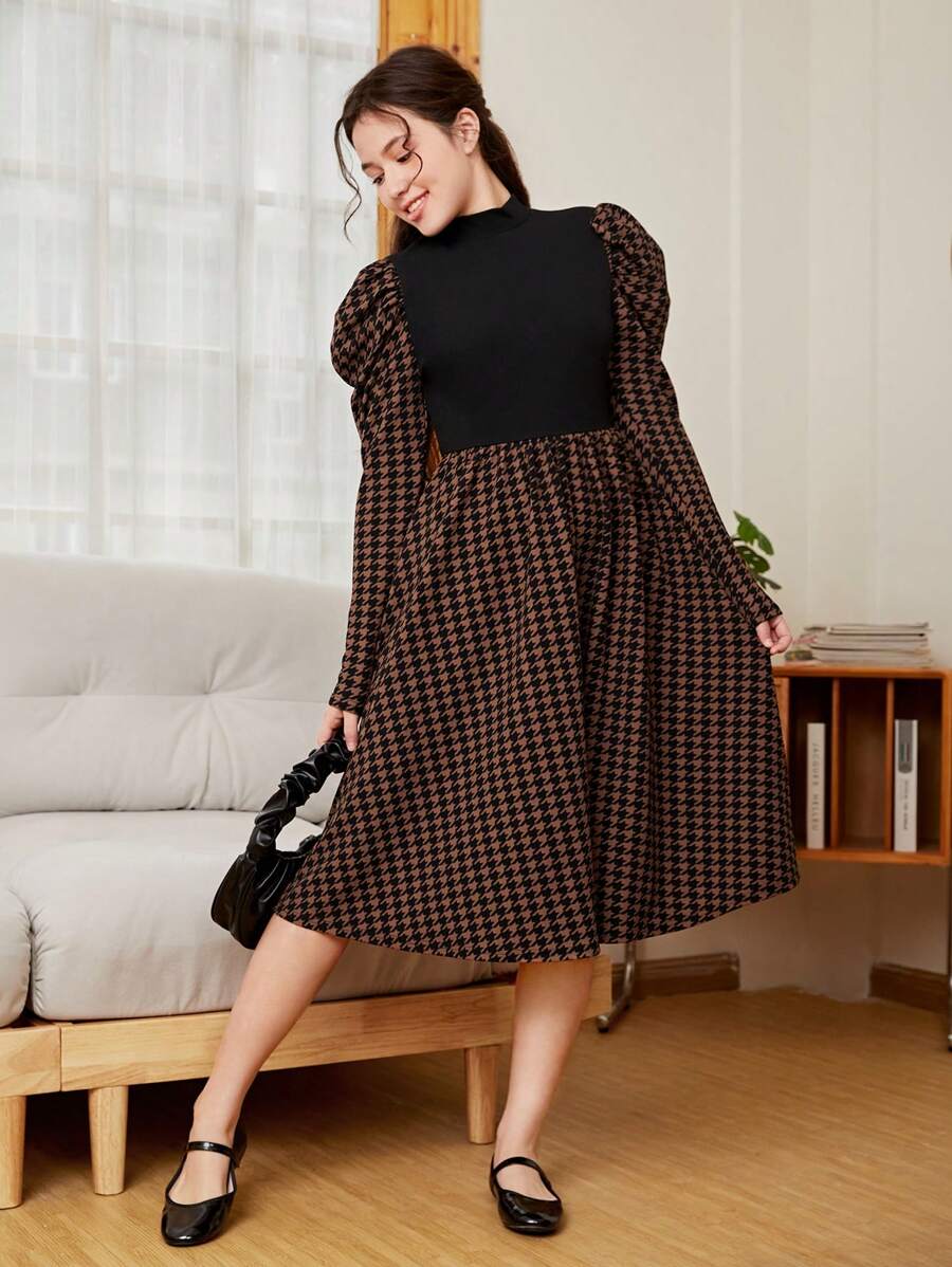 SHEIN Thiếu niên Cô gái Dệt kim Vá lại Đồ họa Houndstooth Đứng cổ áo Chân Của Tay áo Đầm giản dị - màu nâu - Xem 1