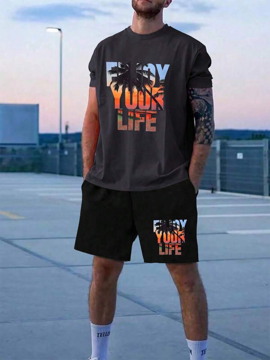 Manfinity Homme Nam Vòng cổ In Ngắn tay Và Bộ quần short - Màu xám đen - Xem 1