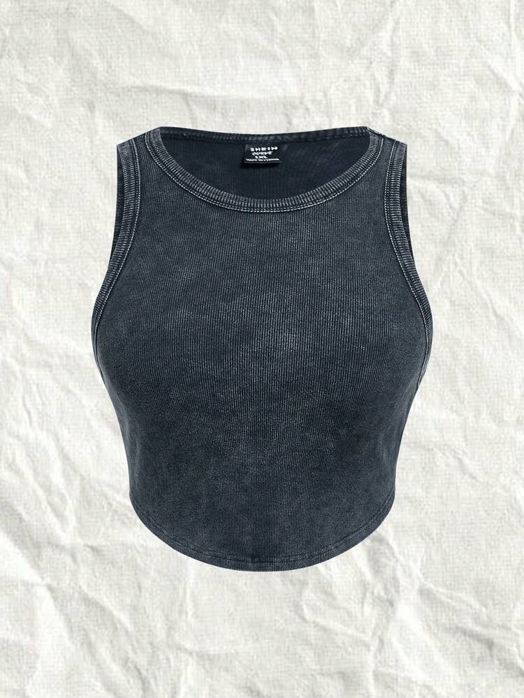 SHEIN EZwear Dệt kim Chất rắn Kích thước lớn Của phụ nữ Chặt Ngắn Áo ba lỗ - màu đen - Xem 1