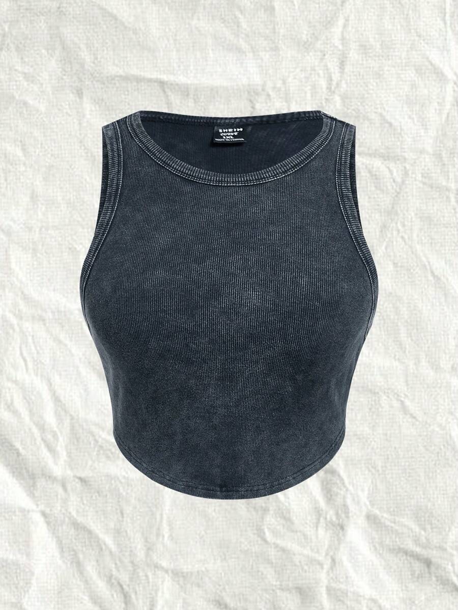 SHEIN EZwear Knitted Solid Plus Size Women's Tight Short Tank Top - Black - View 1