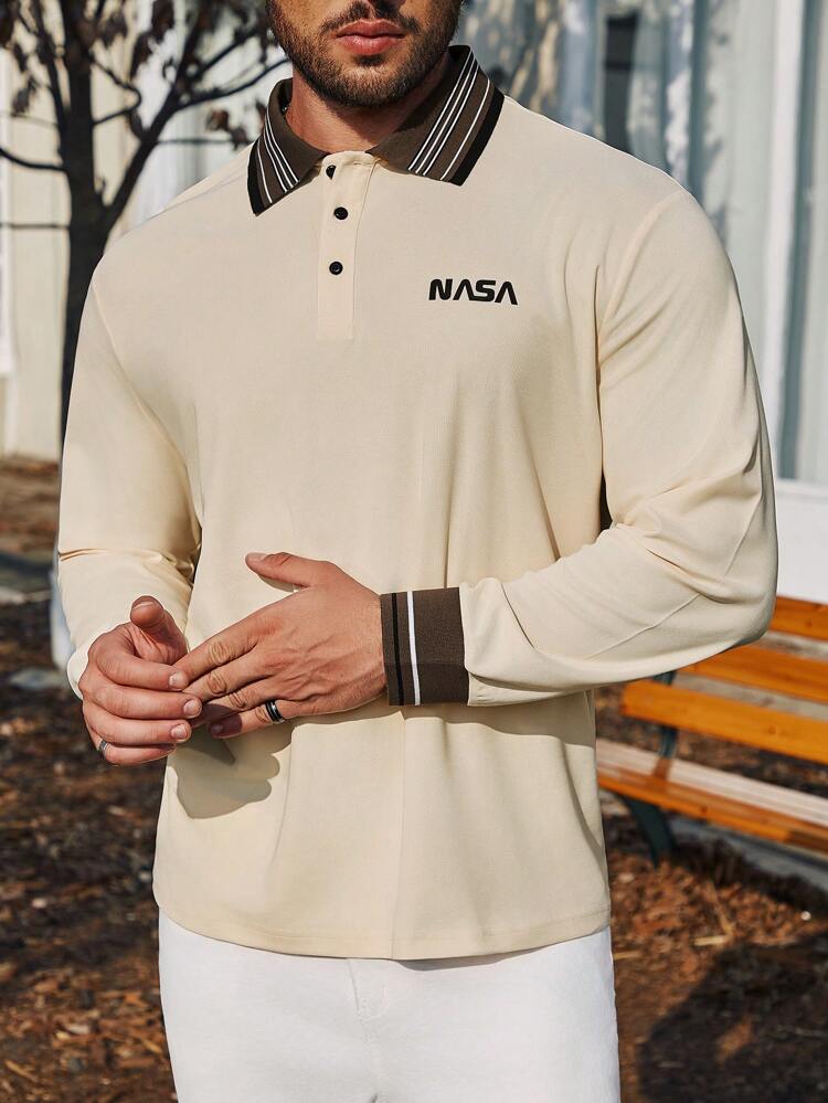 Men's Plus Size Letter Print Contrast Striped Polo Shirt