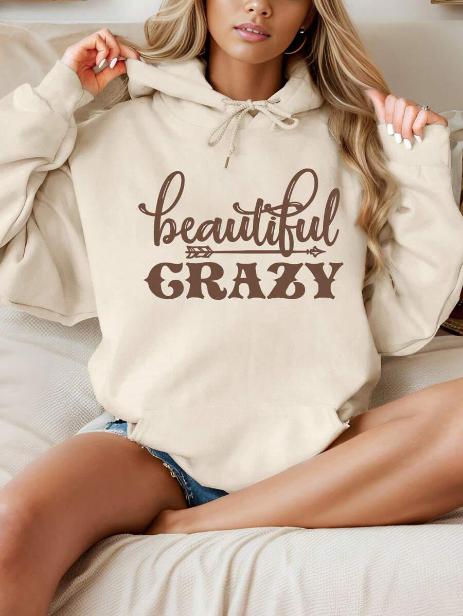 INAWLY Plus Long Hoodie With  Pocket, Letter & Pattern Print And Warm Lining Beautiful CRAZY, For Winter Fall Autumn - Apricot - View 1