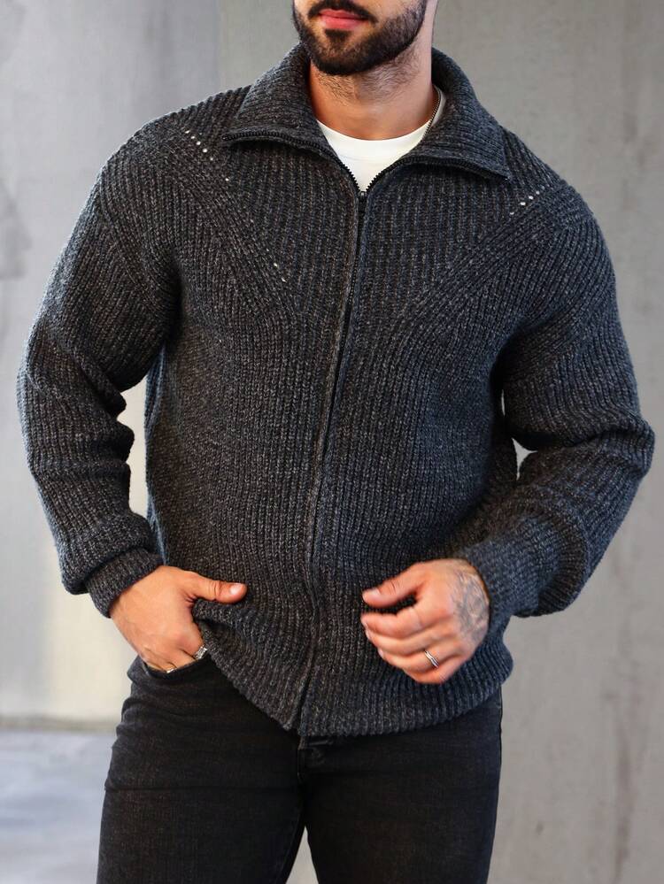 Manfinity Homme Men's Solid Color Zipper Cardigan - Dark Grey - View 1