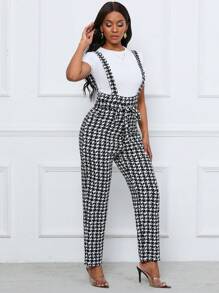 SHEIN Clasi Women Jumpsuits Berikat Kantong Houndstooth Casual Anggun - Hitam dan Putih - View 6