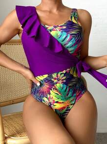 Swim Lushoire Summer Women's Printed Patchwork One-Piece Swimsuit