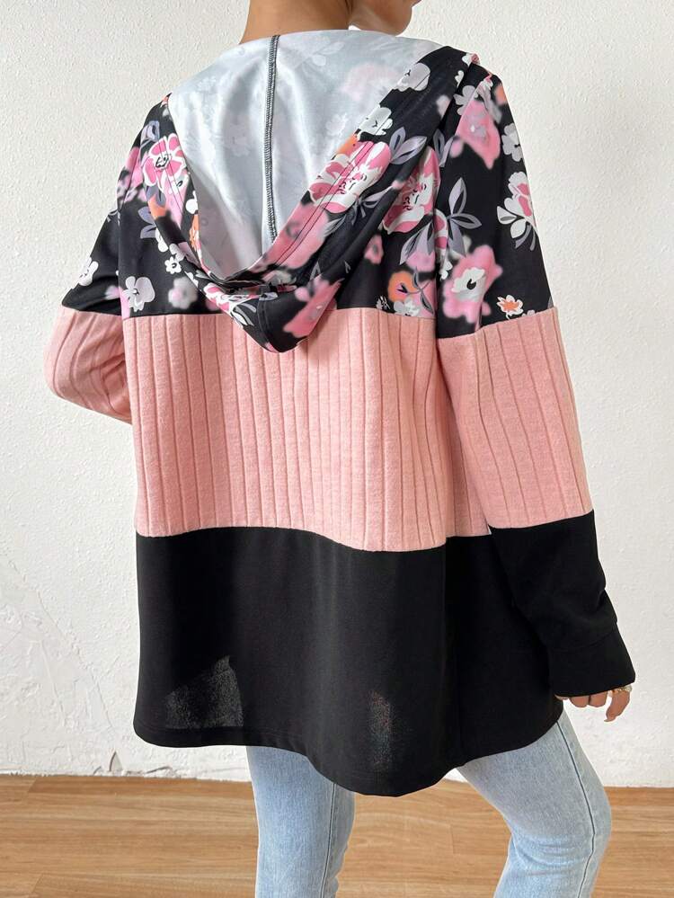 Floral Printed Colorblocked Hooded Jacket
