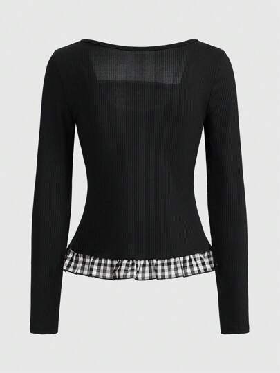 Kawaii Ladies' Himekaji Retro Sweet 2 In 1 Plaid Patchwork Long Sleeve T-Shirt, School