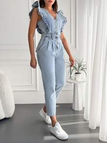 Ruffle Trim Button Front Denim Jumpsuit - Light Wash - View 5