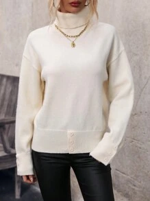 SHEIN LUNE High Neck Drop Shoulder Knit Pullover Fall Winter Sweater - Beige - View 4