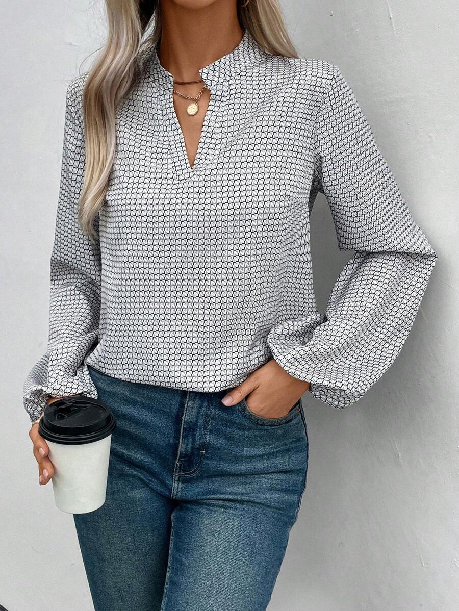 SHEIN Clasi 女式v領口襯衫,氣球袖式,全印花款 - 彩色 - 查看 1