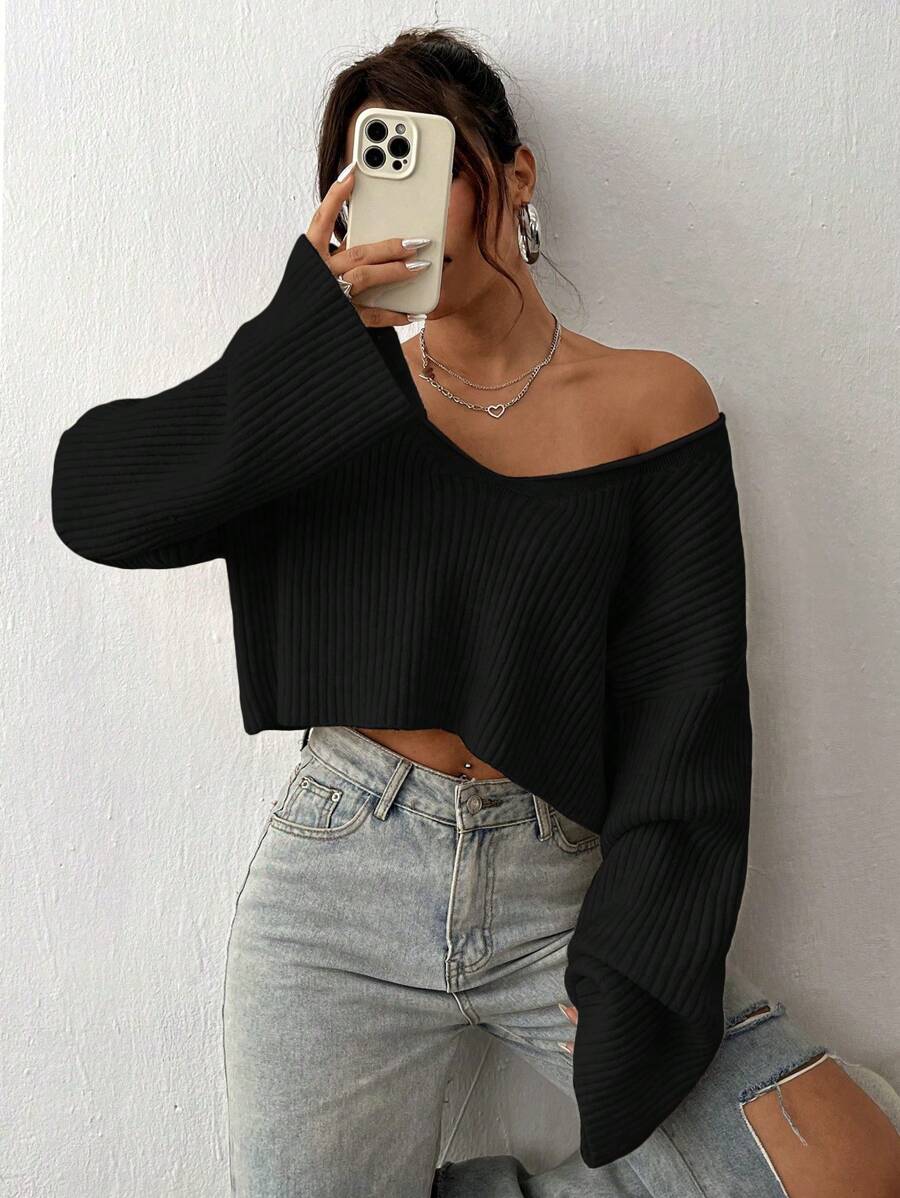 Flirla Suéter casual de mujer de cuello en V sólido y texturizado, parte superior de manga tres cuartos, suéter de punto de otoño e invierno - Negro - Ver 1