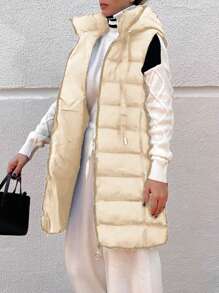 EURMUSE Women's Sleeveless Hooded Zipper Quilted Jacket - Beige - View 3