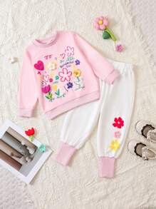 SHEIN 小女孩3d花卉裝飾運動衫和長褲套裝,適用於秋冬季節 - 粉色 - 查看 1