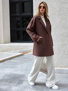 EURMUSE 女式純色羊毛外套,有翻領領口 - 棕色 - 查看 5