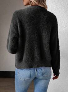 EMERY ROSE Short Cut Mink Hair V-Neck Cardigan,Long Sleeve Tops Fall Winter Cloth For Women - Black - View 2