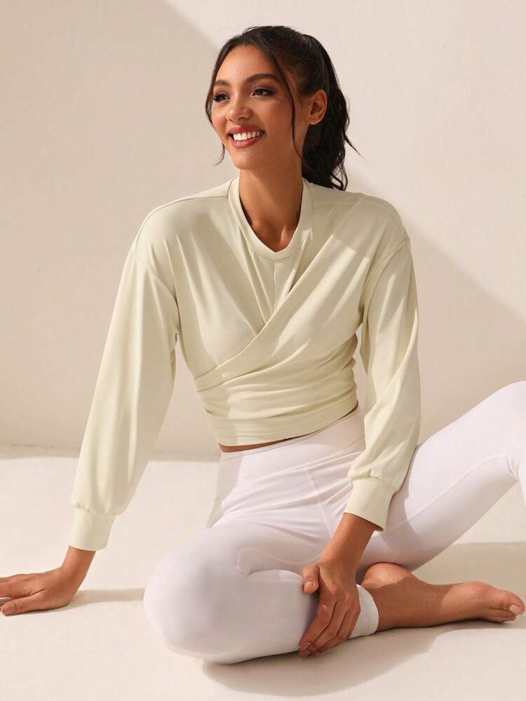 Women's Solid Color Round Neck Wrap Front Pleated Athletic Sweatshirt