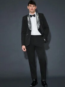 Manfinity VCAY Men's Contrast Shawl Collar Single-breasted Suit Jacket And Pants Two-piece Set - Black - View 1