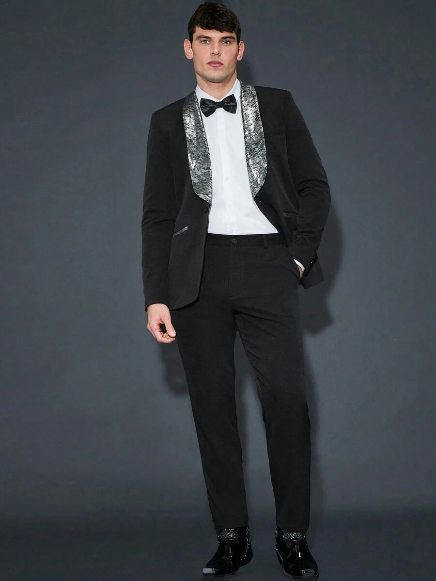 Manfinity VCAY Men's Contrast Shawl Collar Single-breasted Suit Jacket And Pants Two-piece Set - Black - View 1