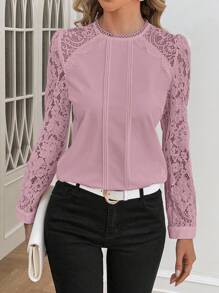 SHEIN Clasi Blusa Sin Espalda De Encaje Rosa Para Mujer - Rosa vieja - Ver 2