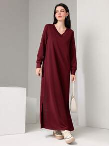 Mulvari Burgundy Red Women's Long Sleeve Sweatshirt Dress,Long Sleeve Tops - Burgundy - View 5