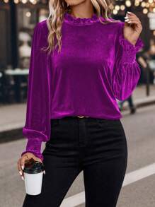 SHEIN Clasi Của phụ nữ Nhung Áo sơ mi Với Viền Ruffle - Màu đỏ tím - Xem 3