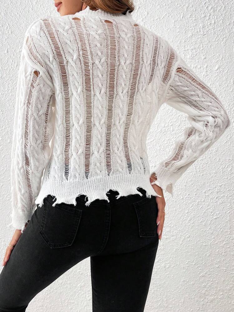 Women's Round Neck Hollow Out Long Sleeve Knit Pullover Fall Winter Sweater