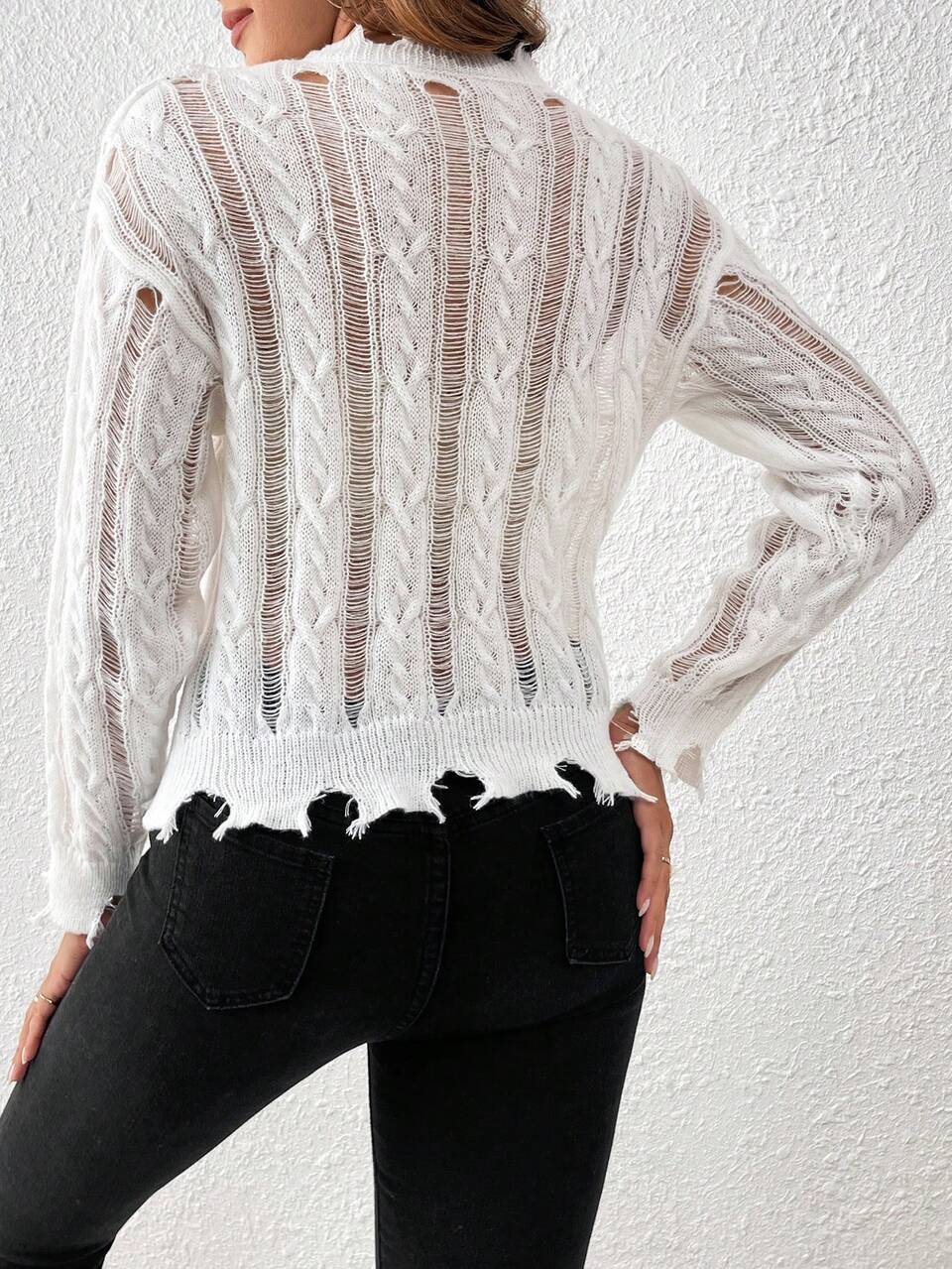 Women's Round Neck Hollow Out Long Sleeve Knit Pullover Fall Winter Sweater