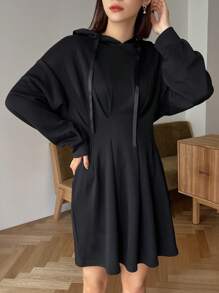 FRIFUL Women's Plain Drawstring Hooded Pleated Dress - Black - View 7