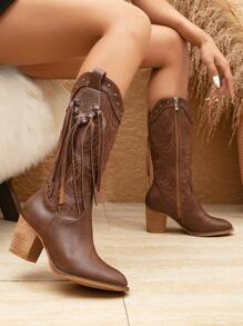 Styleloop Embroidered & Tassel Decor Side Zipper Chunky Heeled Western Boots, Cowboy Boots For Women - Brown - View 1