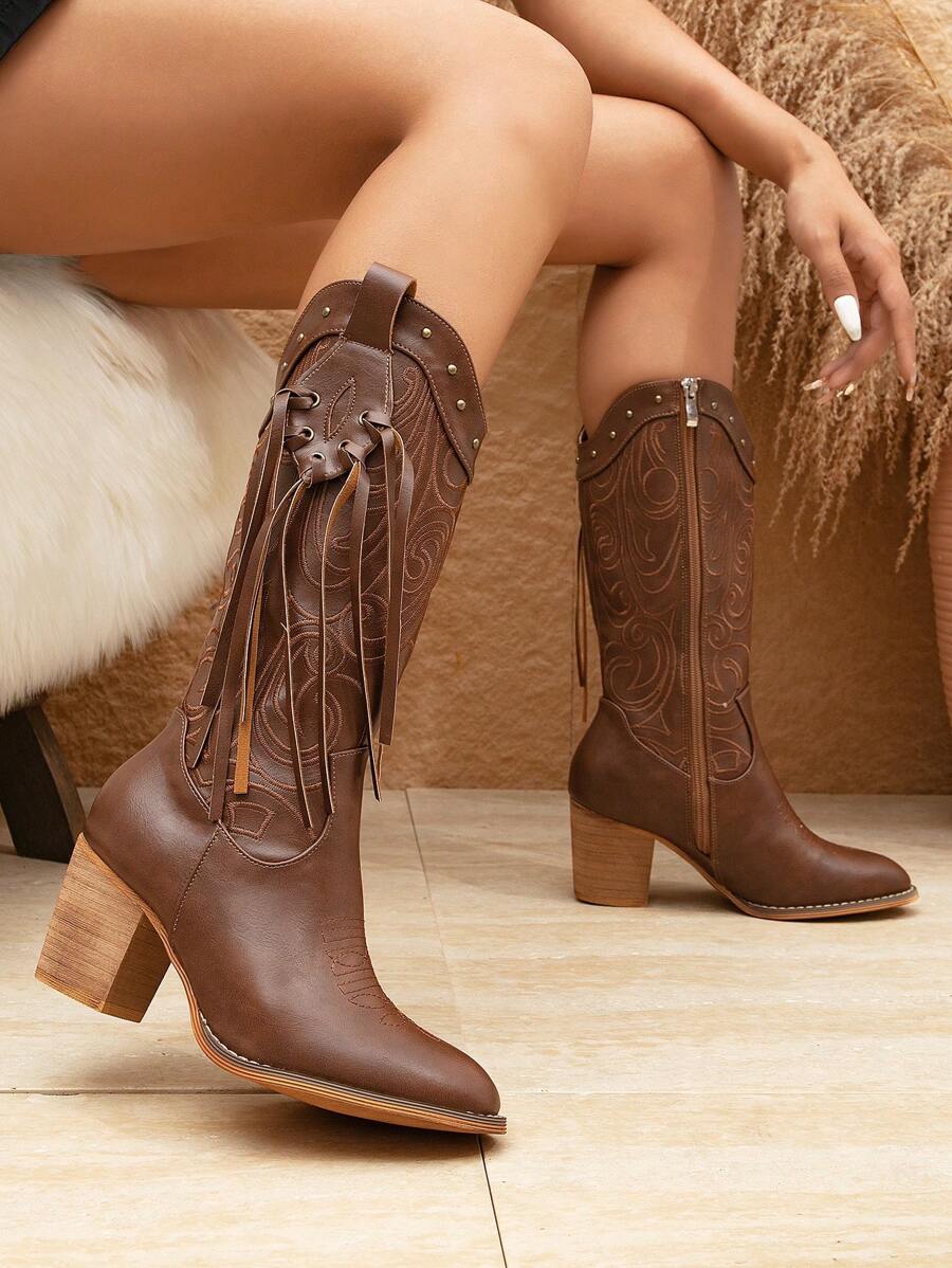 Styleloop Embroidered & Tassel Decor Side Zipper Chunky Heeled Western Boots, Cowboy Boots For Women - Brown - View 1