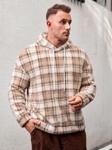 Manfinity VCAY 男式加大码宽松格子连帽休闲连帽衫，适合秋冬 - 彩色 - 查看 4