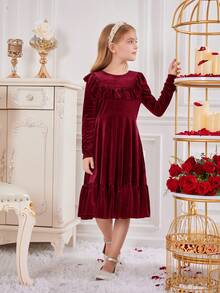 SHEIN 少女针织纯色天鹅绒连衣裙，带荷叶边和圆领 - 酒紅色 - 查看 6