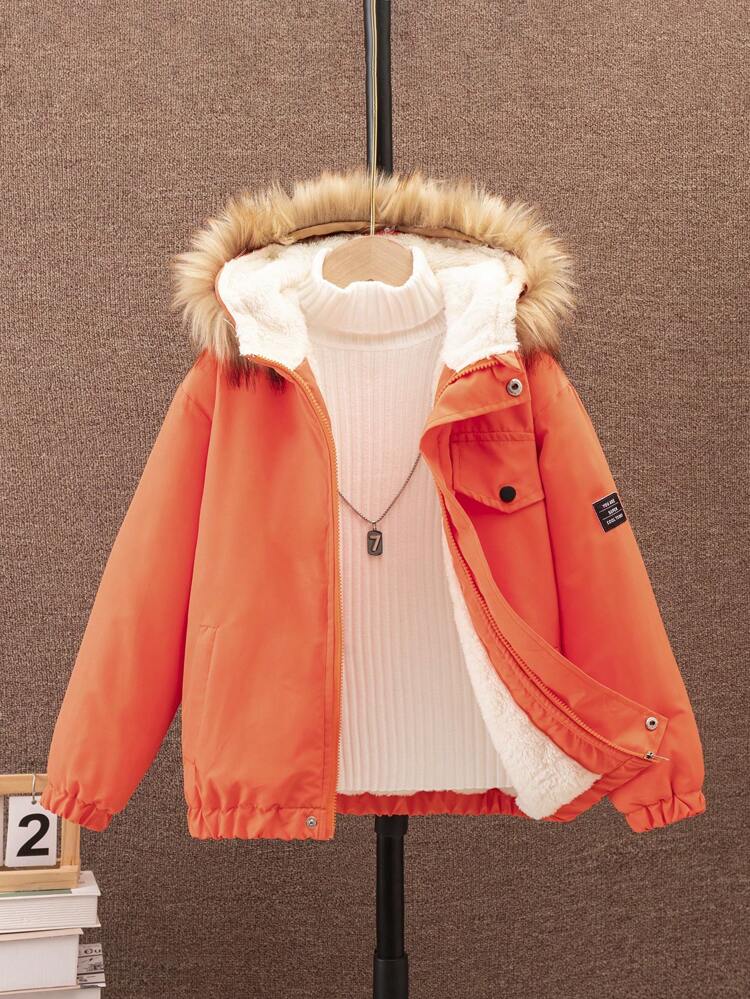 Boys' Autumn Winter Hooded Padded Coat With Collar, Street Style