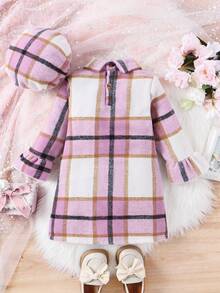 SHEIN Nhỏ bé Cô gái Thanh lịch Vintage Phong cách Preppy Kẻ sọc Đầm Với Bowknot Chi tiết Và Mũ nồi Mũ Đối với Mùa xuân/thu - Màu tím - Xem 2