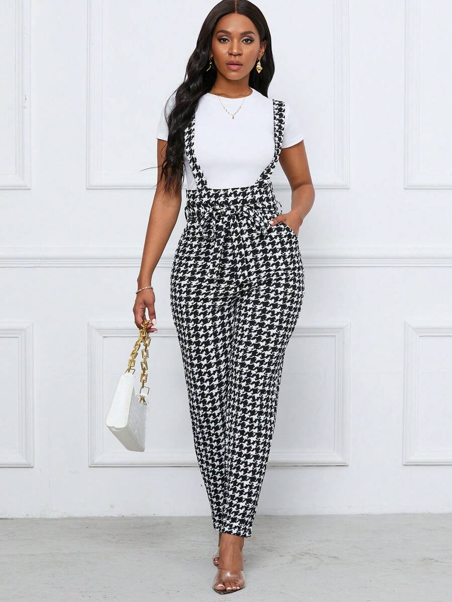 SHEIN Clasi Women Jumpsuits Berikat Kantong Houndstooth Casual Anggun - Hitam dan Putih - View 1