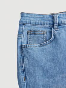 SHEIN Teen Girl Casual & Fashionable Distressed Light Washed Blue Stretchy Comfortable Flared Jeans - Medium Wash - View 3