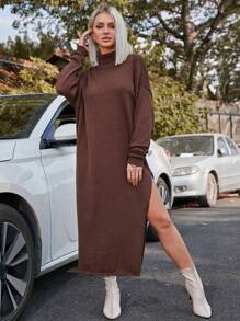 SHEIN LUNE 女裝純色腰帶毛衣連衣裙 - 咖啡棕 - 查看 6
