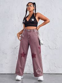 SHEIN ICON 女式大尺碼星星圖案直筒牛仔褲 - 粉色 - 查看 4