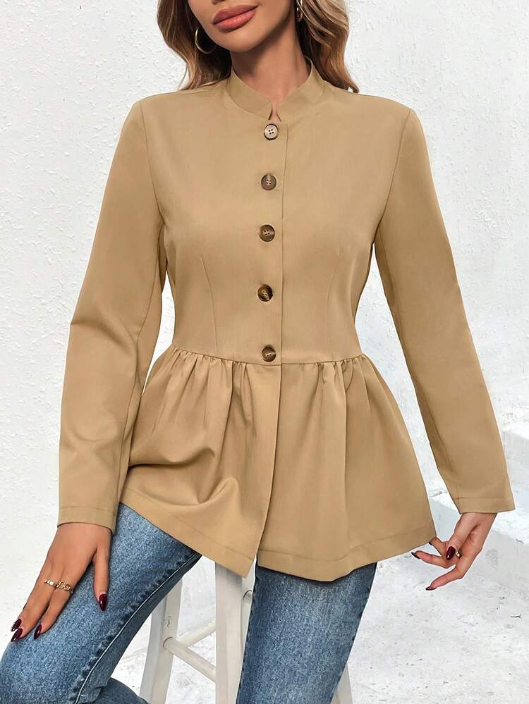 Solid Color Single-breasted Waist-cinched Jacket